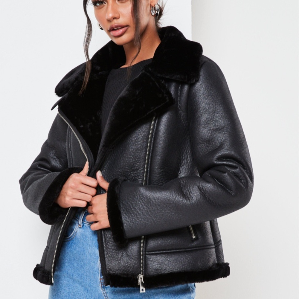 Black Faux Fur Lined Aviator Jacket Missguided